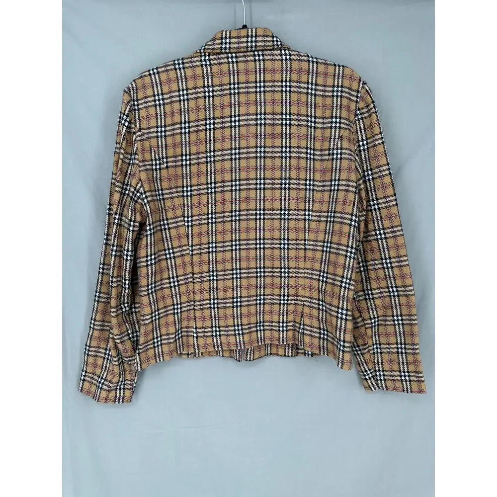 90s Vintage Jacket Womens Medium Tan Plaid Black Red Zip Cozy Academia Grunge